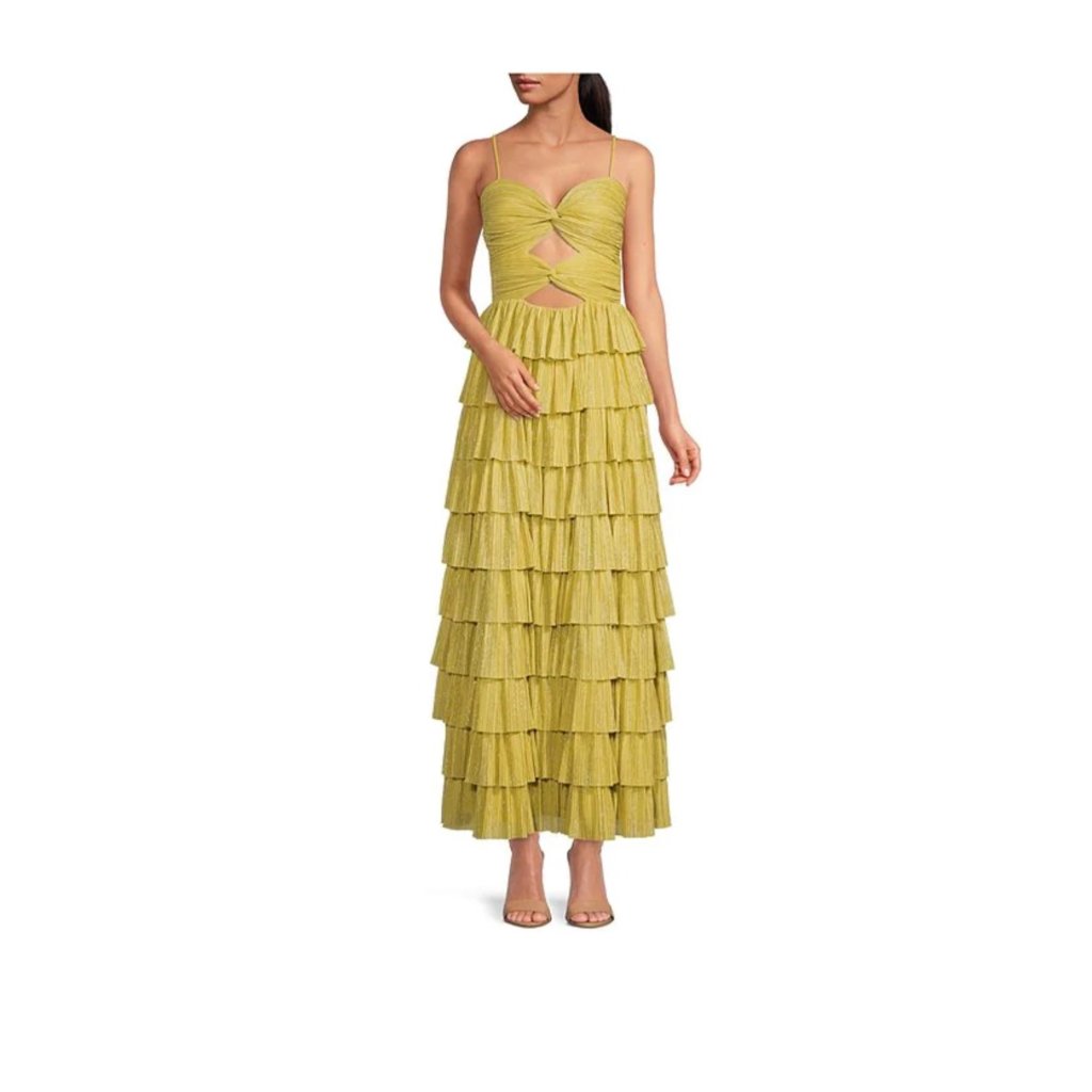 Gianni Bini Tiered Ruffle Maxi Dress With Cutout In Chartreuse